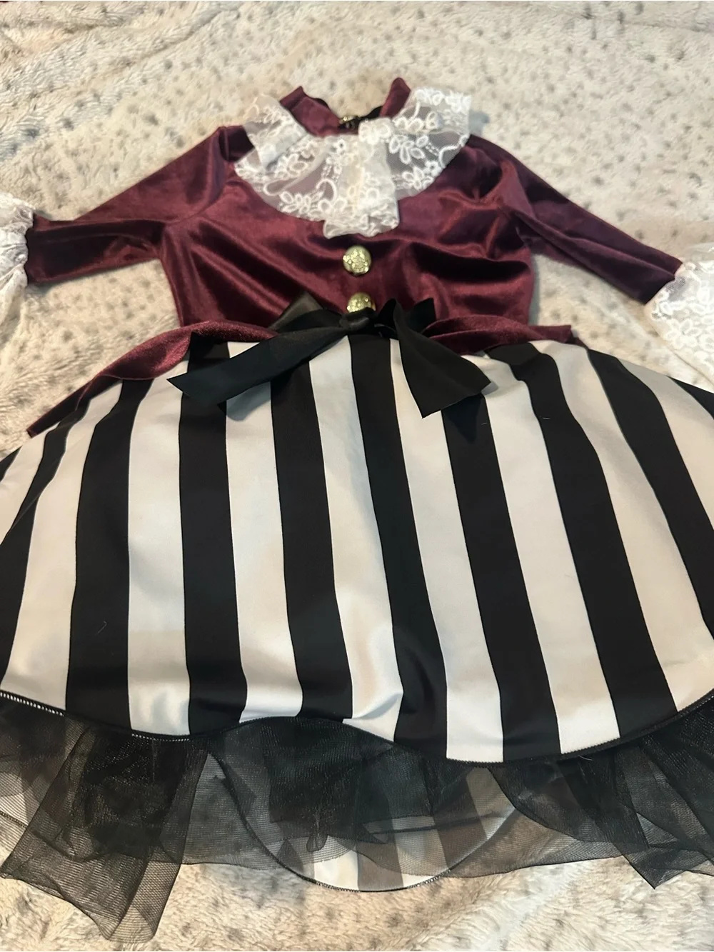 Weissman Burgundy Velvet and Black-White Striped Halloween Dress